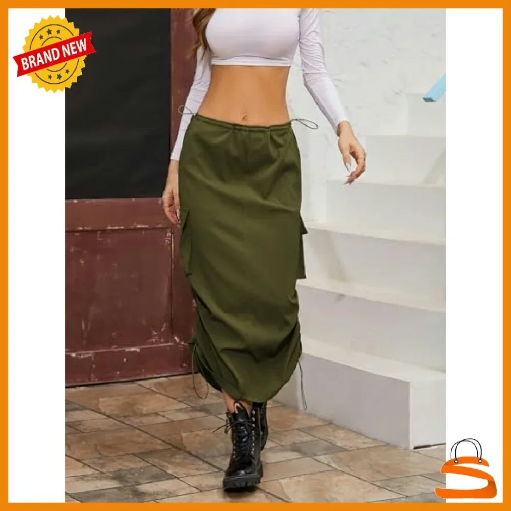 Y2K Cargo Maxi Skirt with Drawstring Waist and Side Pockets - Picture 5 of 7